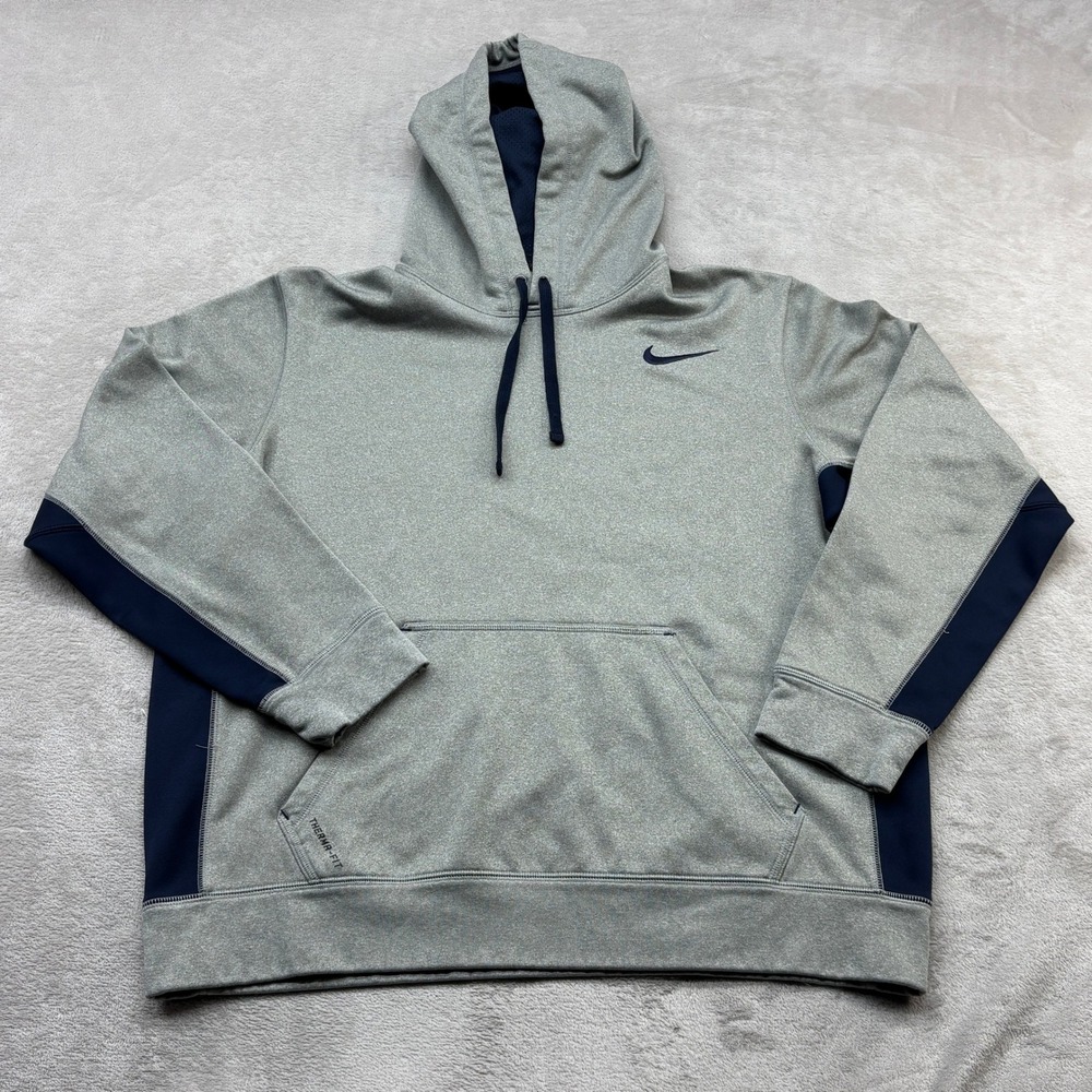 Nike Therma-FIT Hoodie Mens Large Grey Navy Blue Pullover Sweatshirt Hooded